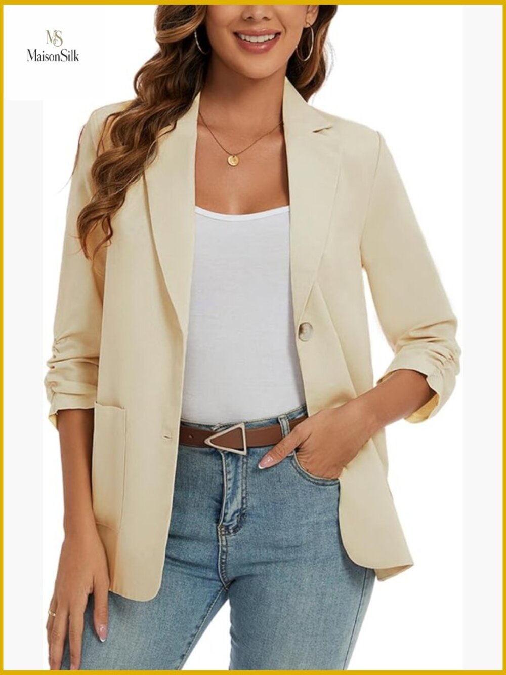 Lightweight Linen Blazer 3/4 Sleeve Notch Lapel Button Front Patch Pockets